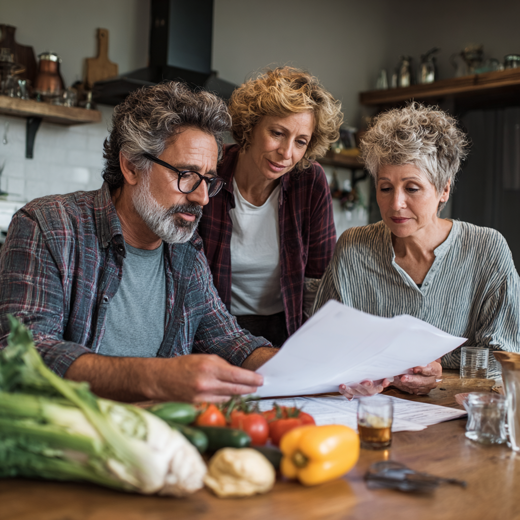 Middle-aged adults reviewing personalized meal planning documents at kitchen table