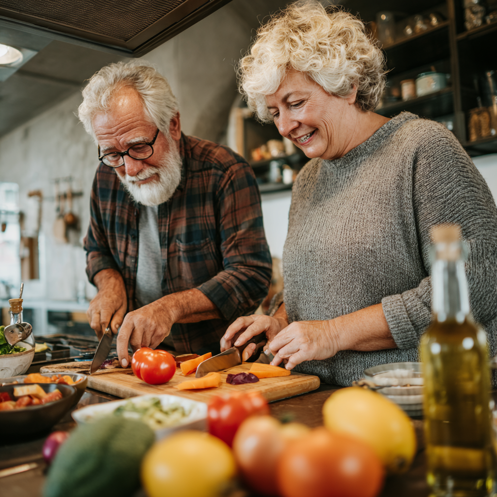 Older adults preparing fresh nutritious meal together in modern kitchen setting